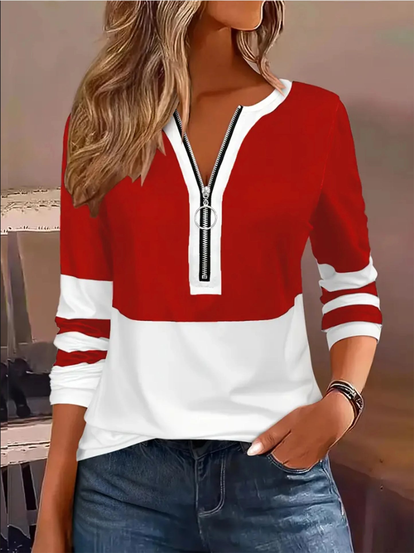 Plus Size Long Sleeve T-Shirt – Loose Fit Striped Top with Color Block Zipper