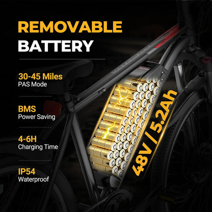 AOVOPRO BK520 26'' Electric Bicycle 750W Motor 48V 5.2AH Battery 22mph 7 Speed Mode 45miles Long Range Electric Bike for Adult
