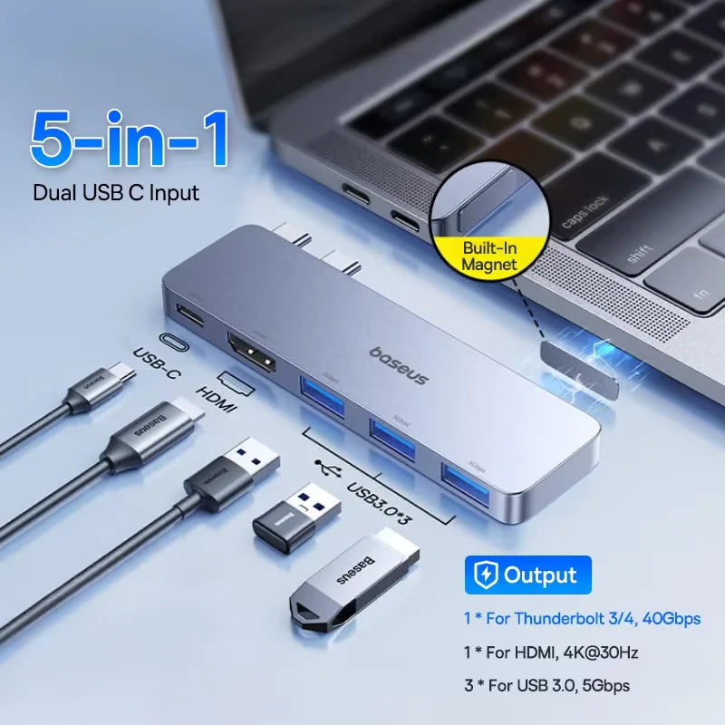 Baseus USB-C Hub – Dual USB-C Ports, Thunderbolt 3 Hub with 4K HDMI Adapter