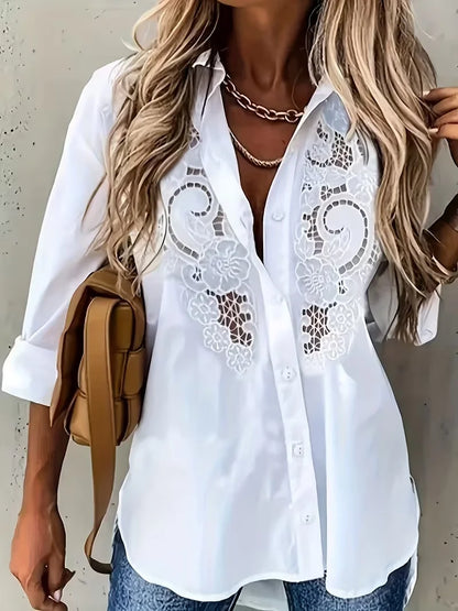 Plus Size Solid Long Sleeve Shirt, Elegant Embroidery Hollow-out Blouse for Commute Vacation