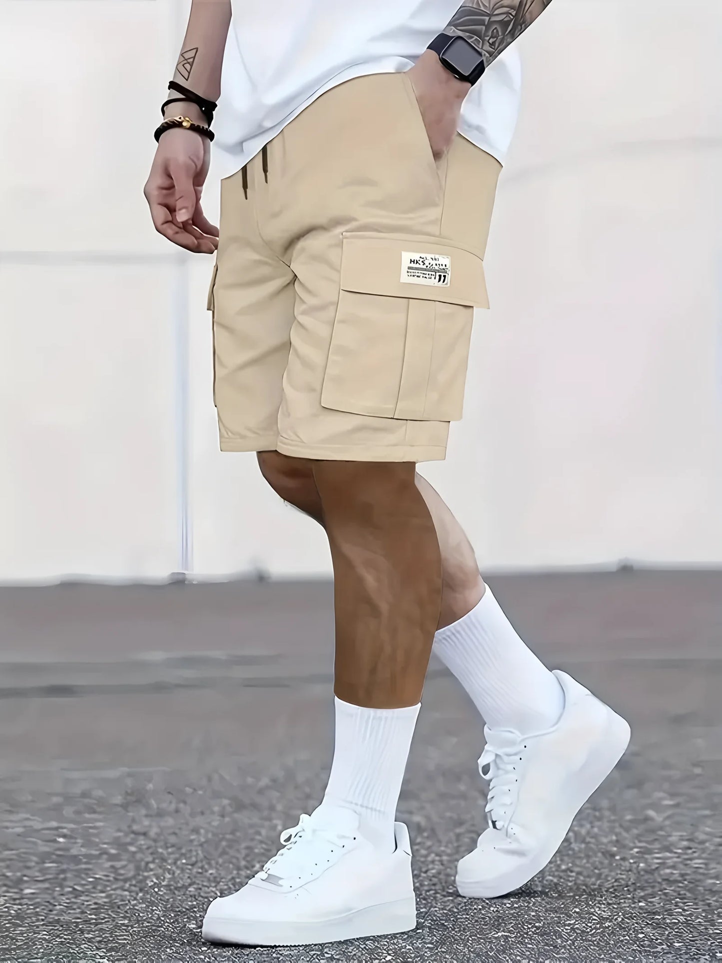 Men's Work Shorts - Multi-Pocket Cargo, Elastic Waistband, Breathable Polyester
