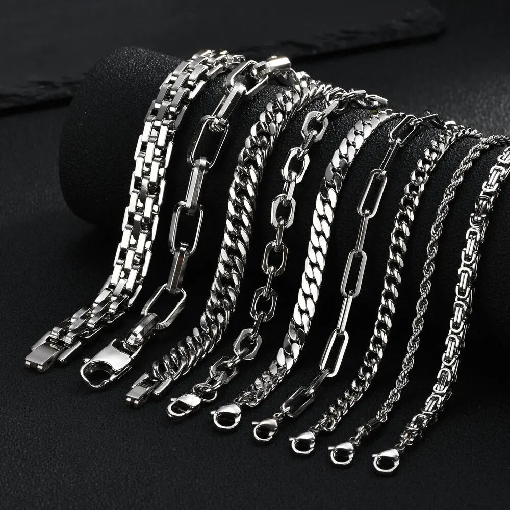 Punk Silver Color Men's Chain Bracelets,Hiphop Stainless Steel Braided Link Wristband,Classic Metal Jewelry Gift for Him Dad