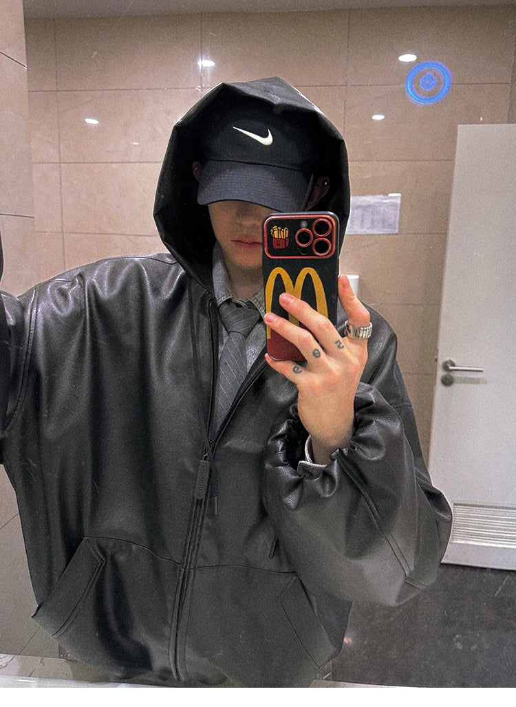 Mauroicardi Spring Autumn Short Oversized Black Soft Pu Leather Jacket Men with Hood Zipper Loose Casual Korean Fashion Clothes