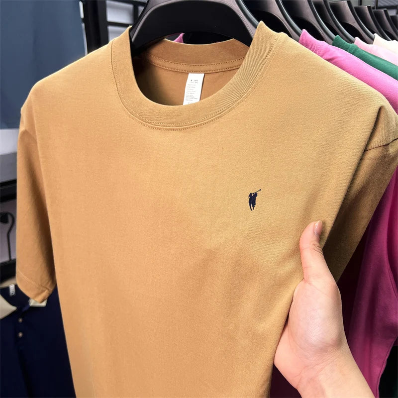 Xiaoma Embroidery Casual Pure Cotton Short Sleeved T-shirt for Young Men, Round Neck Solid Color T-shirt for Men