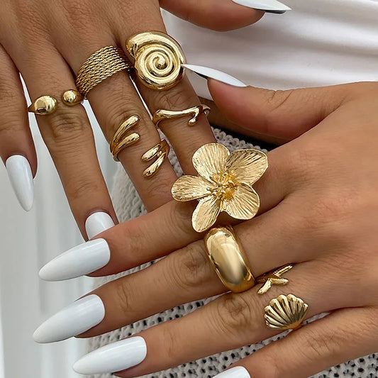 Bohemian Knuckle Rings Set – Gold Flower & Starfish Open Rings