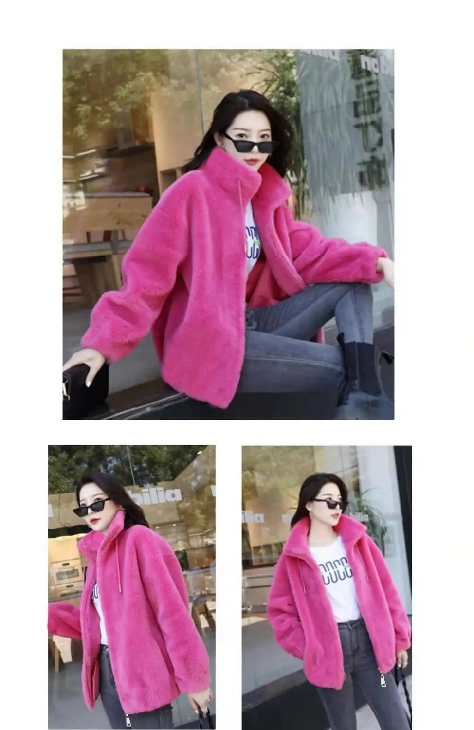 Women Winter Coat - Coral Fleece Jacket With Plush Stand Collar & Zipper Closure