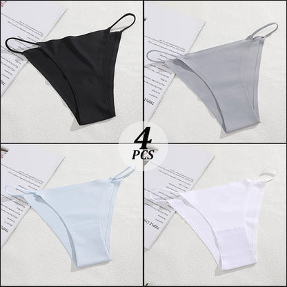 4PCS/Set Seamless Thin Strap Thong Underwear Women Low Rise Briefs Ice Silk Comfortable Panties Multi Color No Trace Lingerie