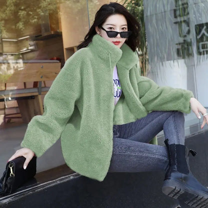 Women Winter Coat - Coral Fleece Jacket With Plush Stand Collar & Zipper Closure