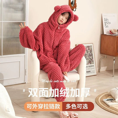 Autumn Winter Women's Sleepwear Flannel Pajamas Set Thick Fleece Nightwear Sets Warm Home Suits Hoodie Plus Pants