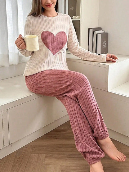 Cozy 100% Polyester Striped Pajama Set for Women, Long Sleeve Love Heart Top & Trousers, Casual Nightwear