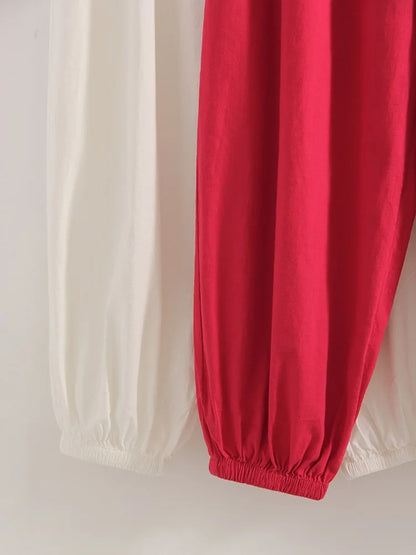 Wide Leg Red Pants For Women Cotton Long Bloomers White Autumn Elastic Waist Lantern Trousers Women Straight Practice Pants Lady