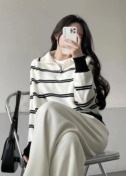 Korean Style Lazy Striped Zipper Color Block Long Sleeve Women's Soft Sweater Autumn Winter New Design Knitted Shirt