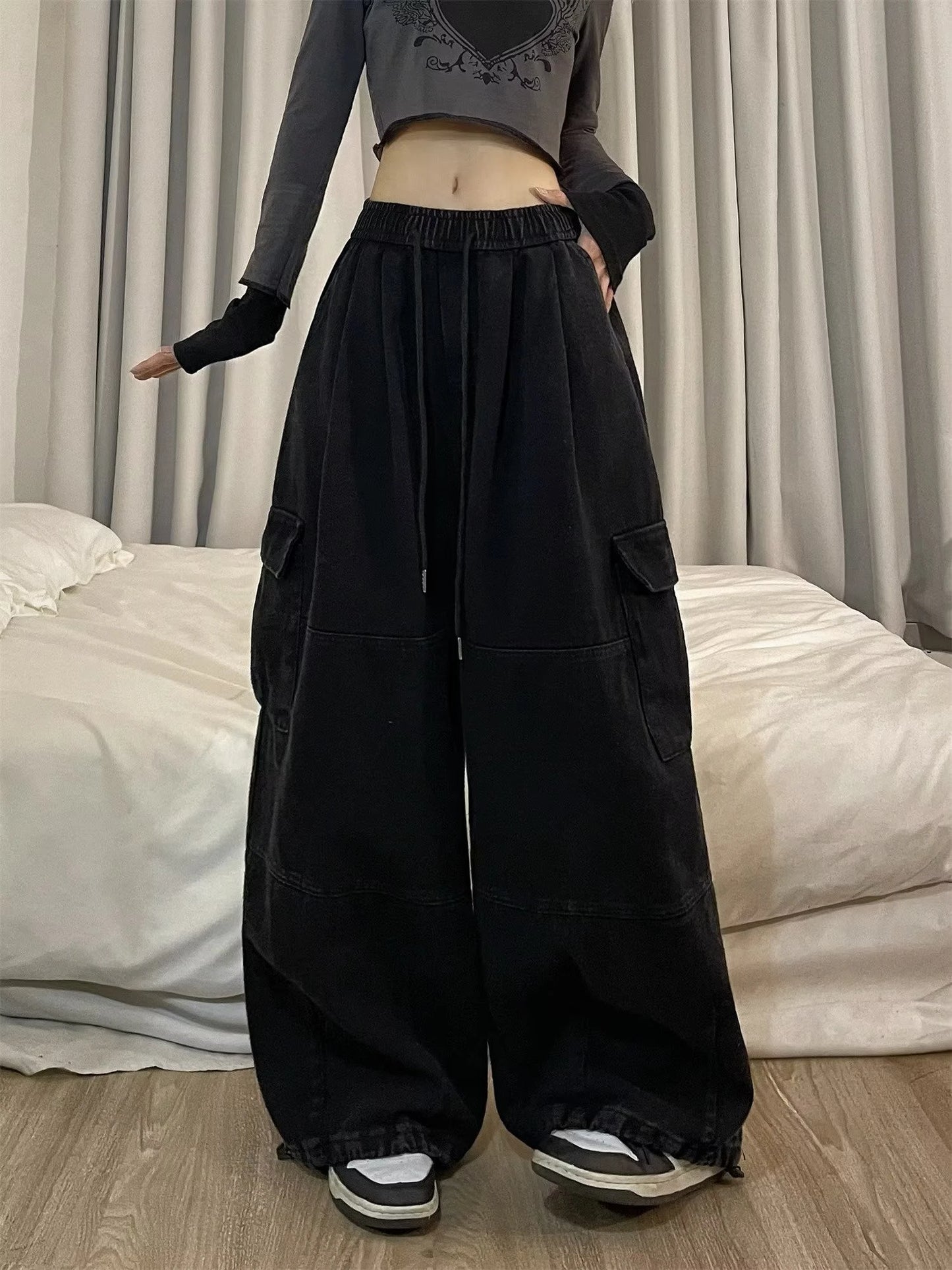 Cargo Pants Women Solid Color Japanese Loose Thin Straight Wide-leg High Waist Trousers High Street Basics Casual Pants Female