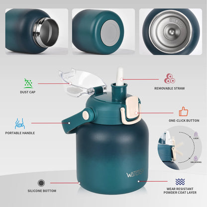 WATERSY 800ml Stainless Steel Water Bottle Double Wall Vacuum Insulated Thermal Cup with Straw & Handle, for Travel Gym Office
