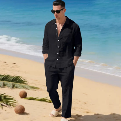 Men's Autumn Loose Trend Linen Solid Color Simple Lapel Long-Sleeved Shirt Beach Trousers Set