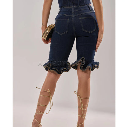 Wave Ruffle Hem Slim Denim Shorts Women Casual High Waist Slim Fit Ruffled Denim Shorts Fashion Slimming Streetwear