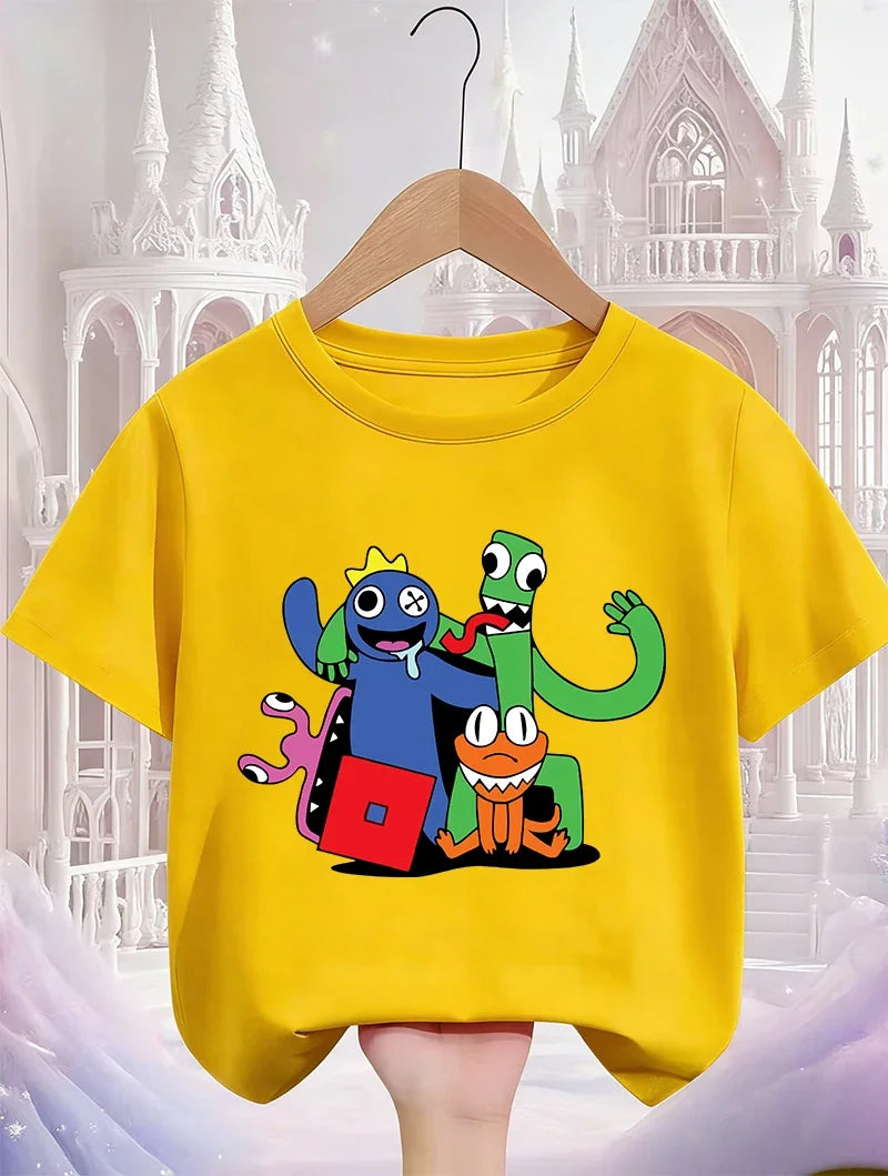 Rainbow friend cartoon pattern boy and girl summer cute round neck fashionable casual short sleeved top