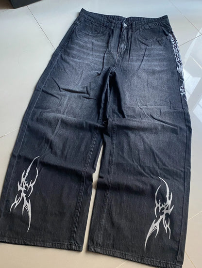 vintage style printing black baggy jeans harajuku trend men women hip hop fashion casual Joker couple Wide-leg pants streetwear