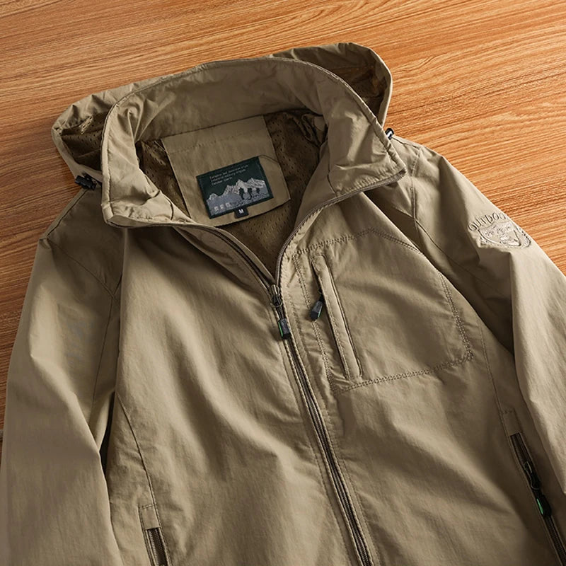 New Waterproof Hooded Jackets Men Casual Windproof Coat Autumn Lightweight Multi-Pocket Hiking Windbreaker Detachable Hat Jacket