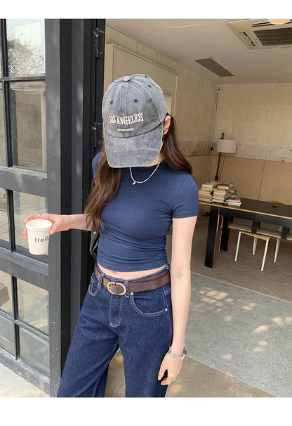 Basic Solid Crop Top Short Sleeve Crewneck Skinny T-shirt Summer Casual Tee for Women Y2K Vintage Top Harajuku Streetwear