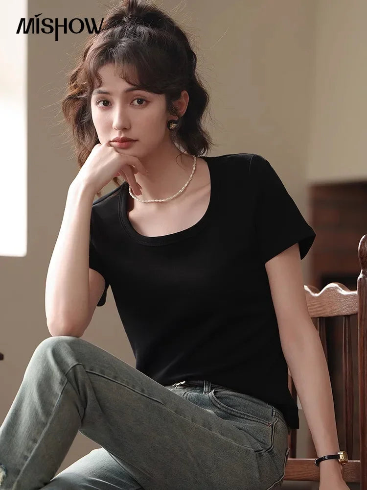 Women's Square-Neck T-Shirt – Elegant Cotton Short-Sleeve Top