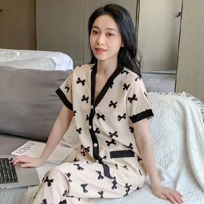 Korean Pajamas Set for Women Summer Spring Kimono Sleepwear Girls Fashion Cute Ladies Pyjama Bow Pijamas Japanese Loungewear