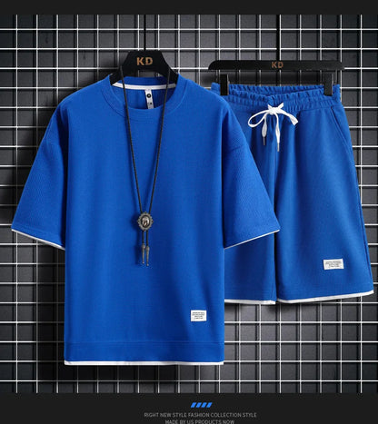 Summer Men's Waffle Sets Casual T-Shirt And Shorts Set Male Sports Suit Solid Color Tracksuit Loose Suits