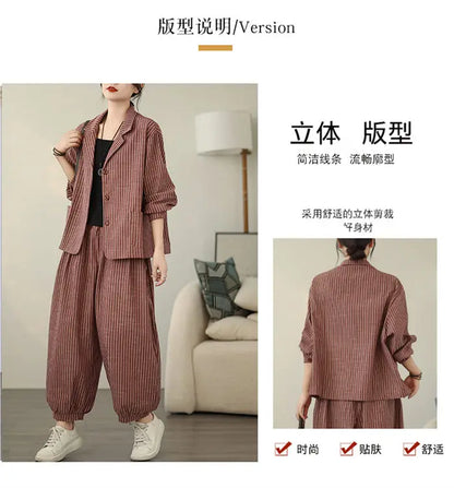 Retro Stripe Cotton And Linen Suit 2024 Women's Autumn Temperament Casual Wide Leg Harem Pants Loose Oversized 2 Piece Set K2478