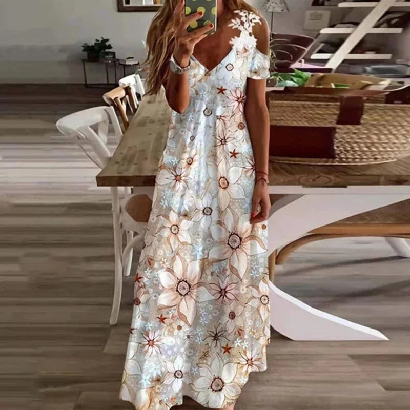 Women's Summer Dress - Sleeveless Printed White Lace Floor-Length Suspender Dress