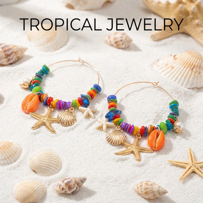 Boho Stone Hoop Earrings – Starfish & Shell Dangle (Y2K Beach)