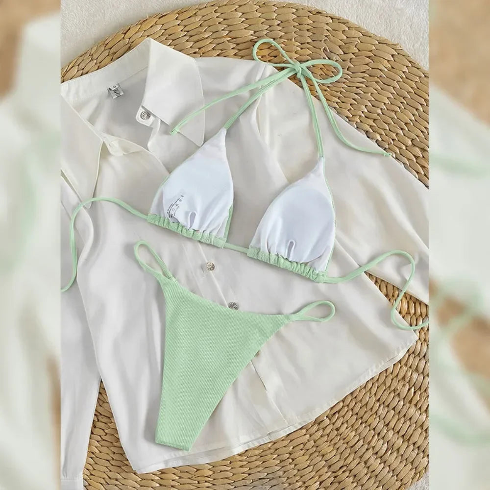 Sexy Women Thong Solid Color Bikini Set Side Halter Tie Swimsuit Ladies Split Strap Adjustable Brazilian Swimwear Beachwear