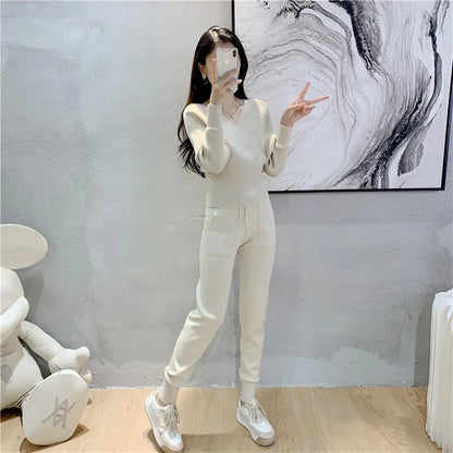 Elegant Tracksuit Sexy Two Piece Set Women Korean Style Ribbed Knitted Backless Top And Long Harem Pant Suit Autumn Outfits y2k