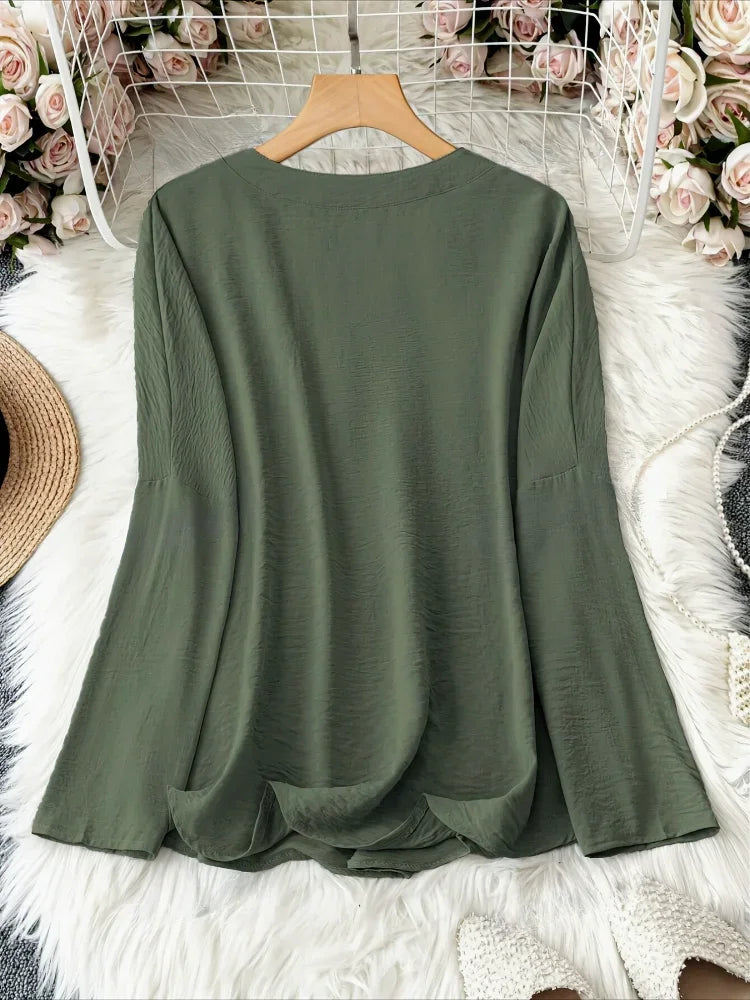 Plus Size Casual Tops - Women's Loose Fit Long Sleeve V-Neck Shirts in Polyester Oxford