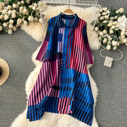 Miyake Pleated Drape Dress Women 2024 Spring Summer Colorblock Printing Lapel 3/4 Sleeve Single-breasted Fashion Shirt Dresses