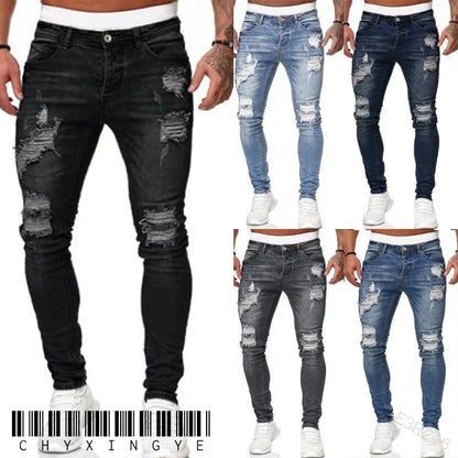 2025 New Solid Color Fashion Men Casual Pants Stretch Jeans Skinny Work Trousers Male Wash Slim Fit for Zippered Jeans Men Cloth