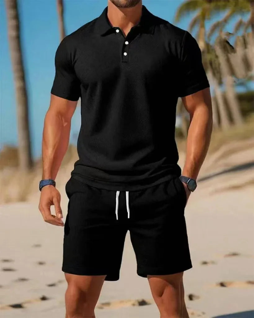 Summer new men's polo shirt set casual sporty cool fashionable slim fit solid color short sleeved shorts set men's