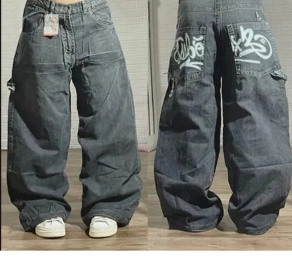 Streetwear New Vintage Letter Printing Washed Baggy Jeans Women Y2K Harajuku Hip Hop Popular Gothic High Waist Wide Leg Pants