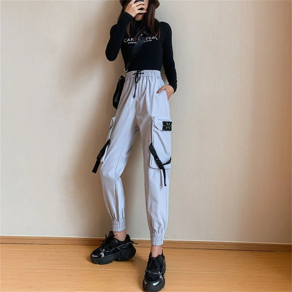 Black Fashion Korea Cargo Pants Women High Waist Baggy Tactical Sweatpants Fashion Hip Hop Harajuku Joggers Trousers Female