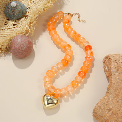 Badu Bohemia Colorful Acrylic Beaded Choker Necklace for  Women 14K Gold Plated Heart Pendant Summer Aesthetic Y2K Jewelry Gift