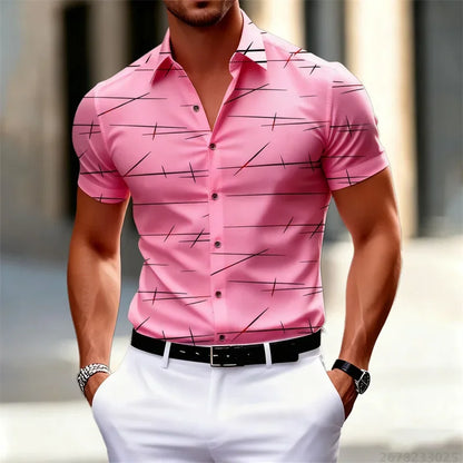 18 Colors 2026 New Men's Fashion Geometric Line Print Short-sleeved Shirt Urban Casual Style Slim Lapel Shirt Comfortable Fabric