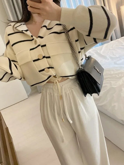 Loose Women's Knitted Cardigan Coat with Big Pockets Striped Splicing Drawstring Hem Single Buttoned Open Front Sweater