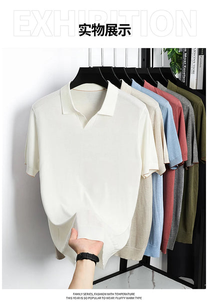 100%  Lyocell Knitwear 2025 Men Spring Summer Trendy Turn Down Collar Knit Tees Short Sleeve Breathable Knit Tops