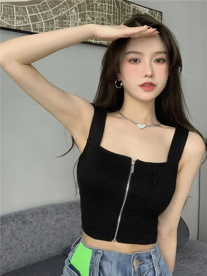 2025 Y2K Top Women Zipper Fly Camisoles Knitted Sexy Summer Tank Tops Sleeveless Female Solid Crop Top