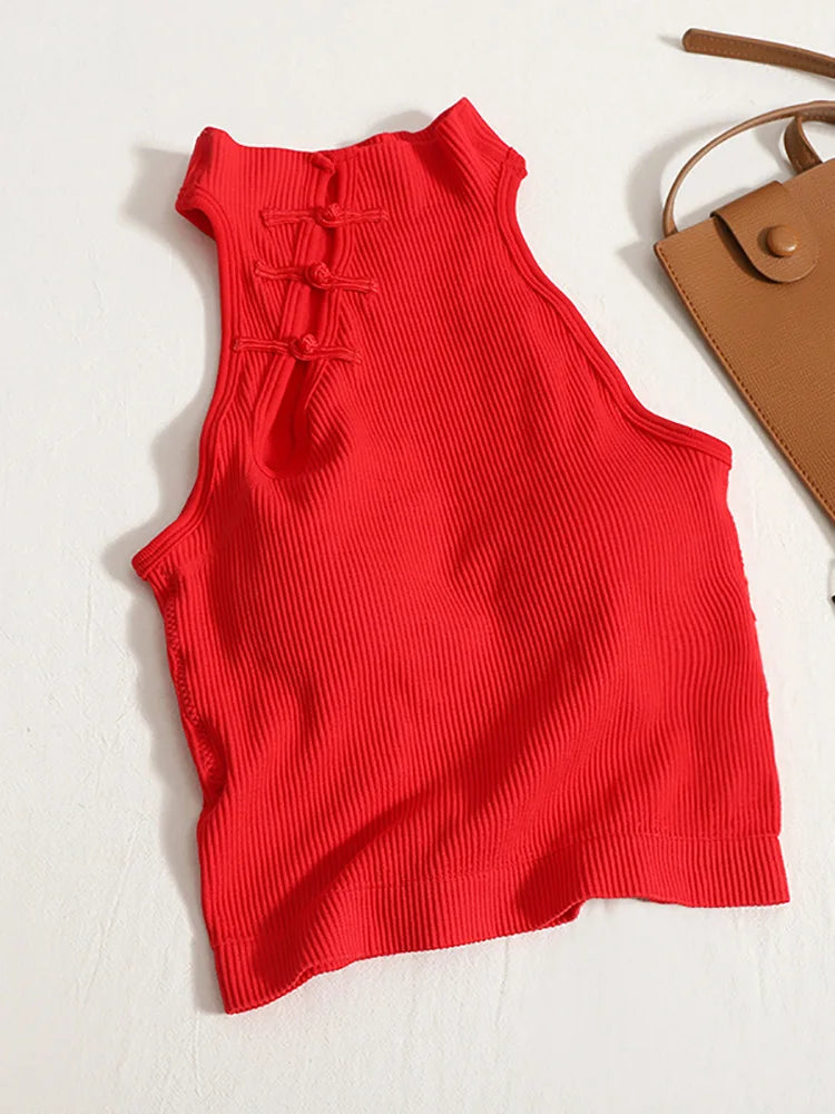 ITOOLIN Women Vintage Chinese Button Tank Tops With Bra Pad Halter Tops O-Neck Elegant Crop Tops Off Shoulder Tops For Women