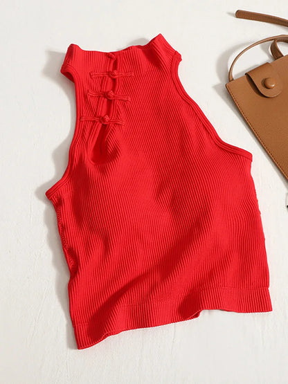 ITOOLIN Women Vintage Chinese Button Tank Tops With Bra Pad Halter Tops O-Neck Elegant Crop Tops Off Shoulder Tops For Women