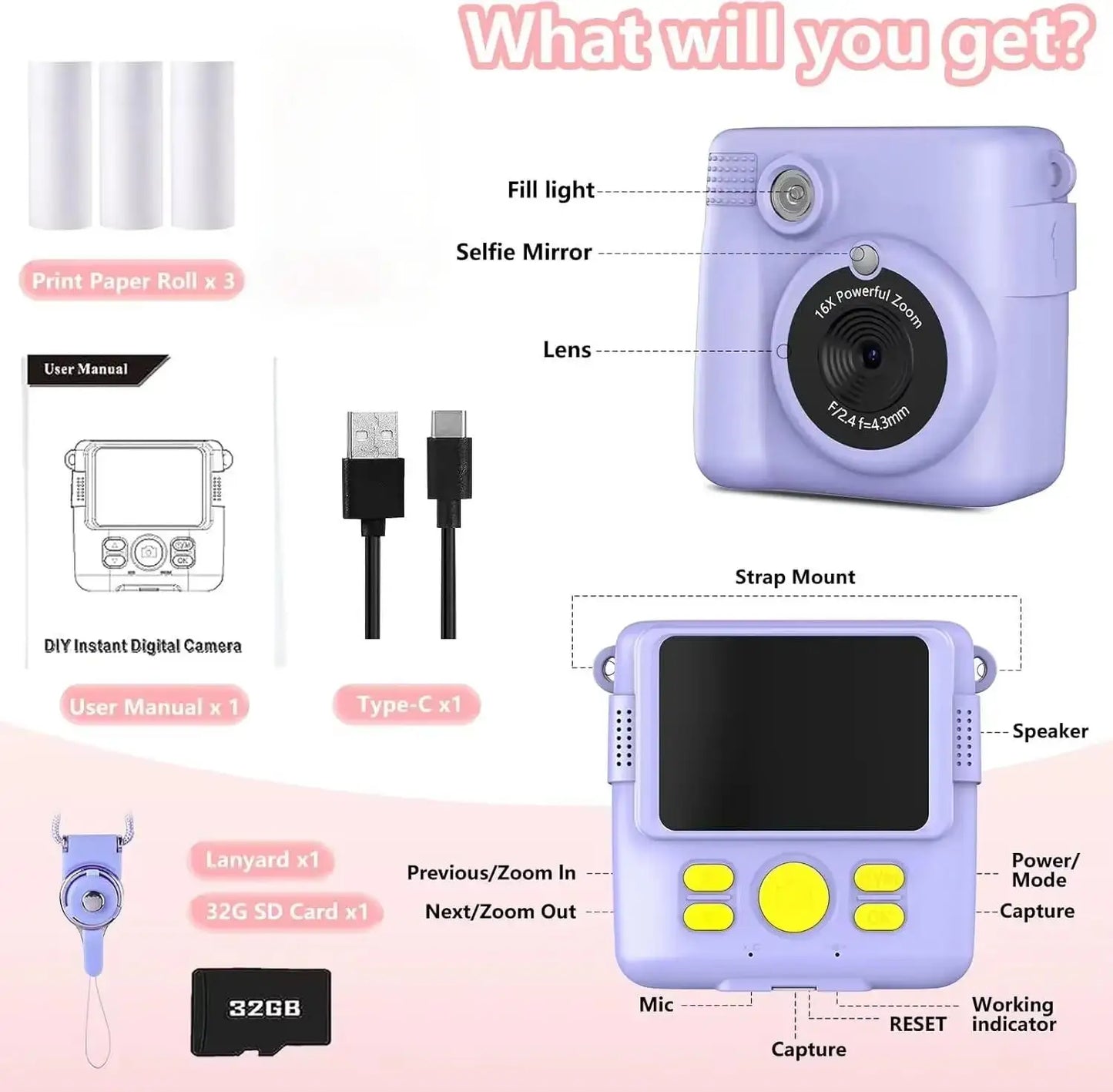 Instant Print Camera - Kids Digital Camera with 1080P HD Video, Waterproof & Shockproof Toy