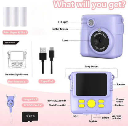 Instant Print Camera - Kids Digital Camera with 1080P HD Video, Waterproof & Shockproof Toy