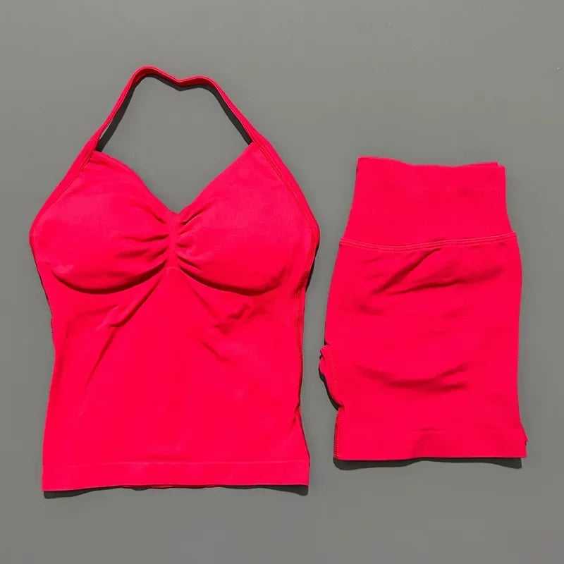 2Pcs HISTELLO Yoga Set Women Halter Tank Top Scrunch Butt Lifting Shorts Ruched Anti Chafe Quick Dry Gym Workout Sports Set
