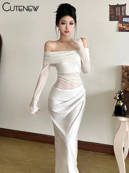 Mesh Ruched Maxi Dress - Sexy Sheath Off Shoulder Ankle Length Party Dress