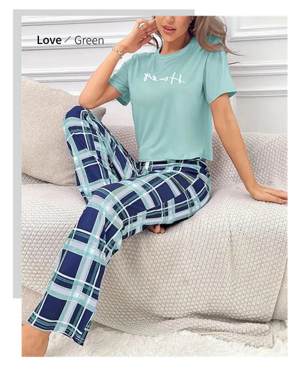 Women's Pajamas Set Casual Home Clothes Soft Comfortable Crew Neck T-Shirt & Plaid Pants Sleepwear Piece Loungewear Pyjama Femme